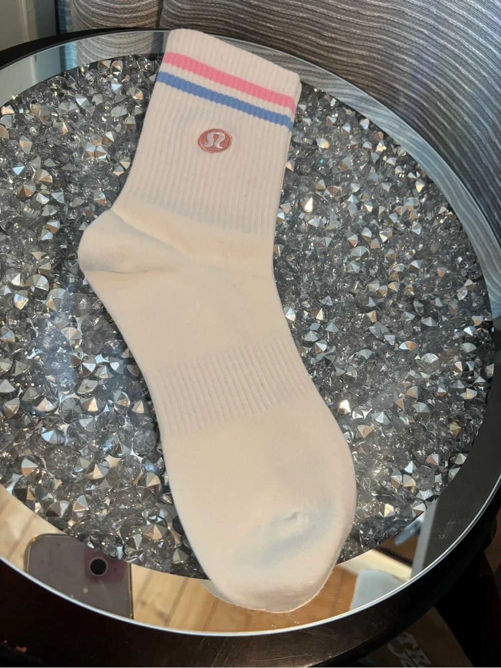 Lululemon White Crew Socks Pink & Blue Stripe Logo Athleisure One Size